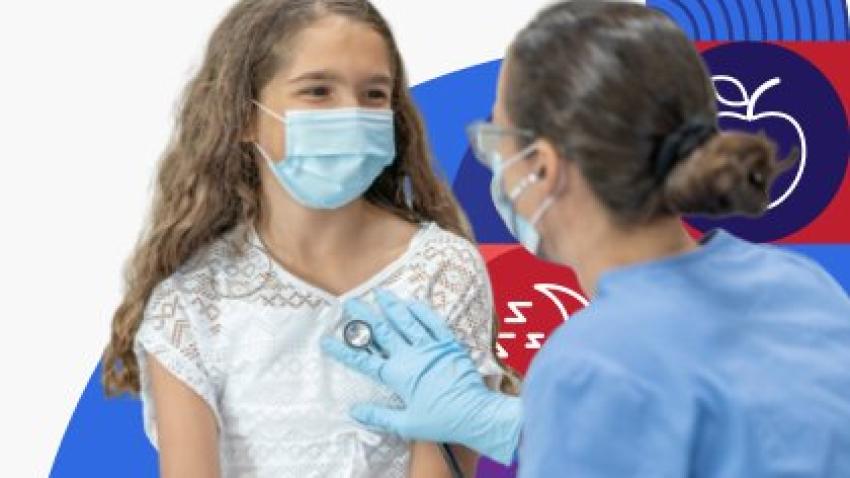 A provider uses a stethoscope to perform an exam on a young girl. 